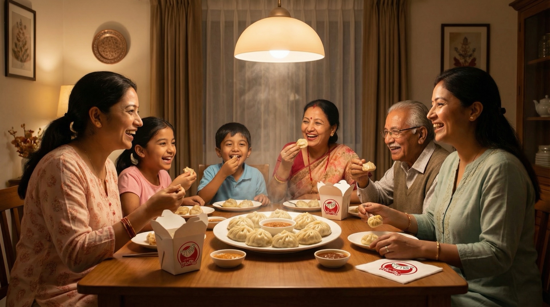 Family enjoying momo party at home Nepal